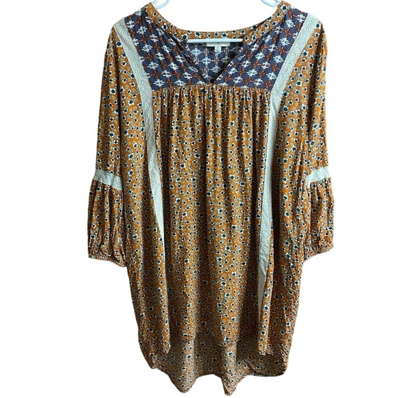 Umgee Boho Orange Blue Floral Split Neck High Low Tunic Mini Dress Size Medium - Picture 1 of 8